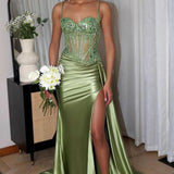 Paddy | Silver Spaghetti Straps Mermaid Appliqued Prom Dress With Split