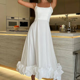 Percival | A Line Satin White Long Prom Dresses with Ruffles