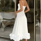 Percival | A Line Satin White Long Prom Dresses with Ruffles