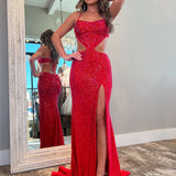 Petra | Red Spaghetti Straps Cutout Beaded Mermaid Long Dress With Split