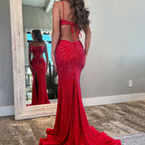 Petra | Red Spaghetti Straps Cutout Beaded Mermaid Long Dress With Split