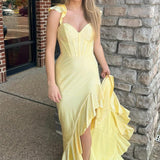 Phyllis | Yellow Spaghetti Straps Satin Beaded Mermaid Prom Dress