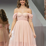 Nova | A-Line Rose Pink Tulle Sweetheart Tea-Length Prom Dress