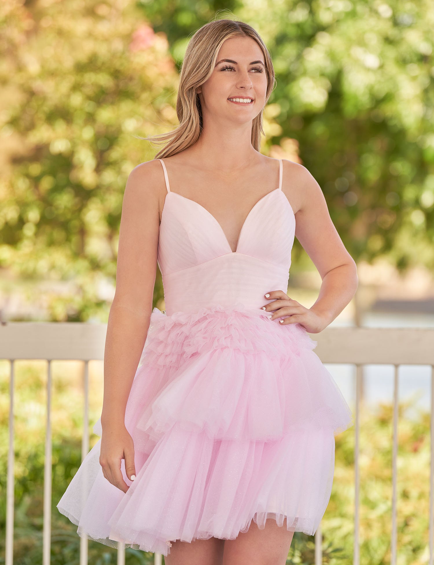 Layla | A-Line Pink Deep V Neck Tiered Short Homecoming Dress