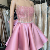 A-Line Pink Lace Off-the-Shoulder Bow-Back Short Homecoming Dress