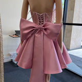 A-Line Pink Lace Off-the-Shoulder Bow-Back Short Homecoming Dress