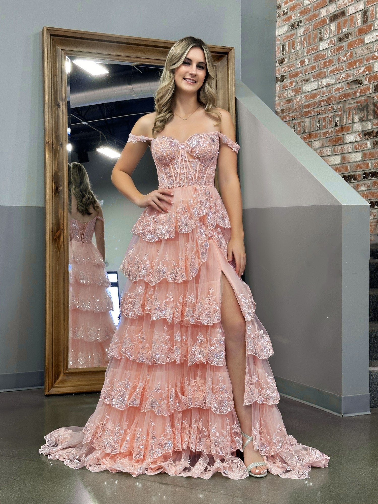 Pink Princess A Line Off the Shoulder Corset Prom Dress with Lace Ruffles