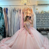 Pink Off-the-Shoulder Lace-Up Back Quinceanera Dress Ball Gown