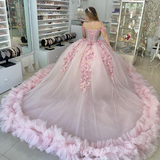 Pink Off-the-Shoulder Lace-Up Back Quinceanera Dress Ball Gown