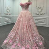 Pink Sequined Off the Shoulder Quinceañera Dress