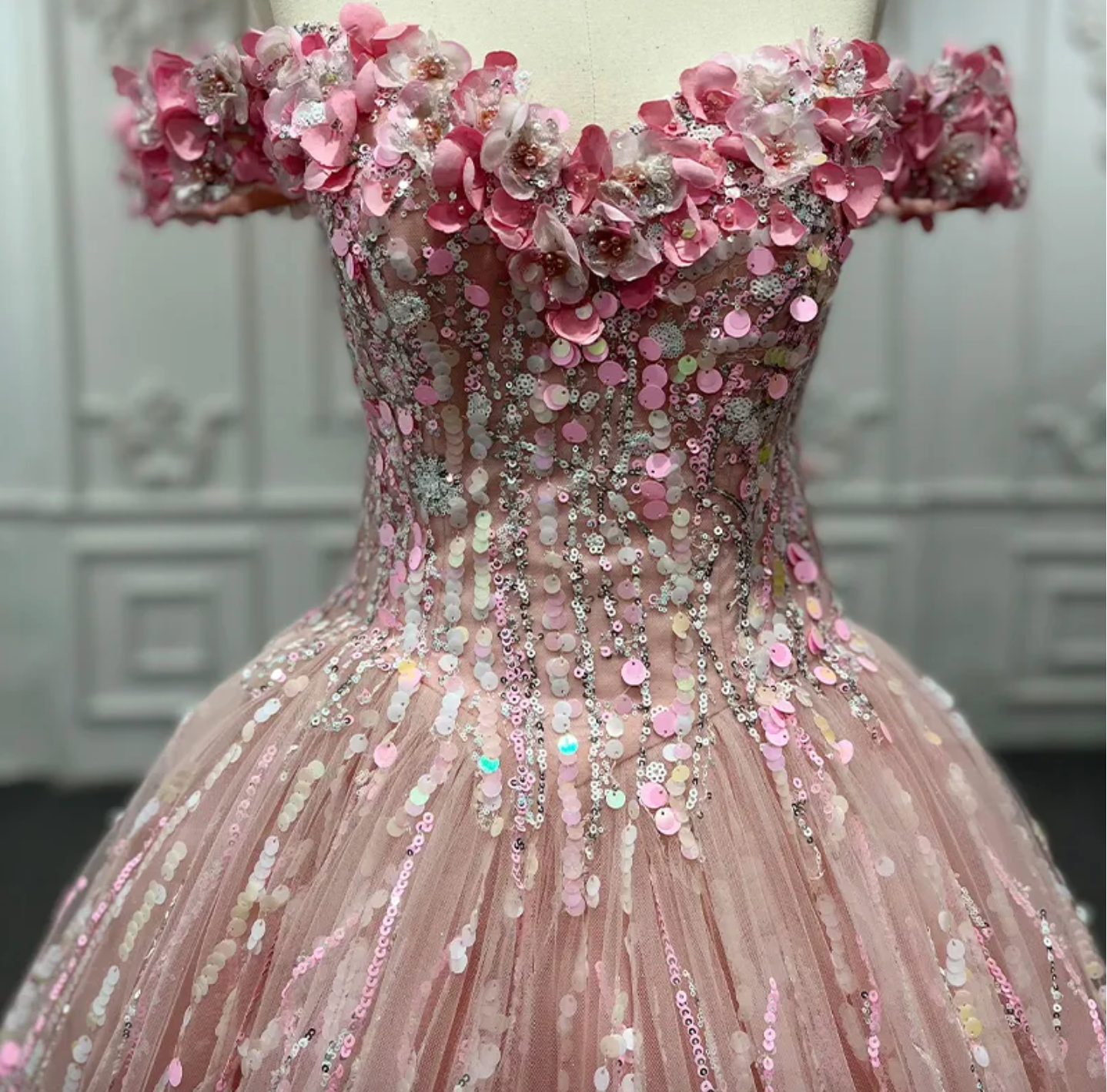 Pink Sequined Off the Shoulder Quinceañera Dress