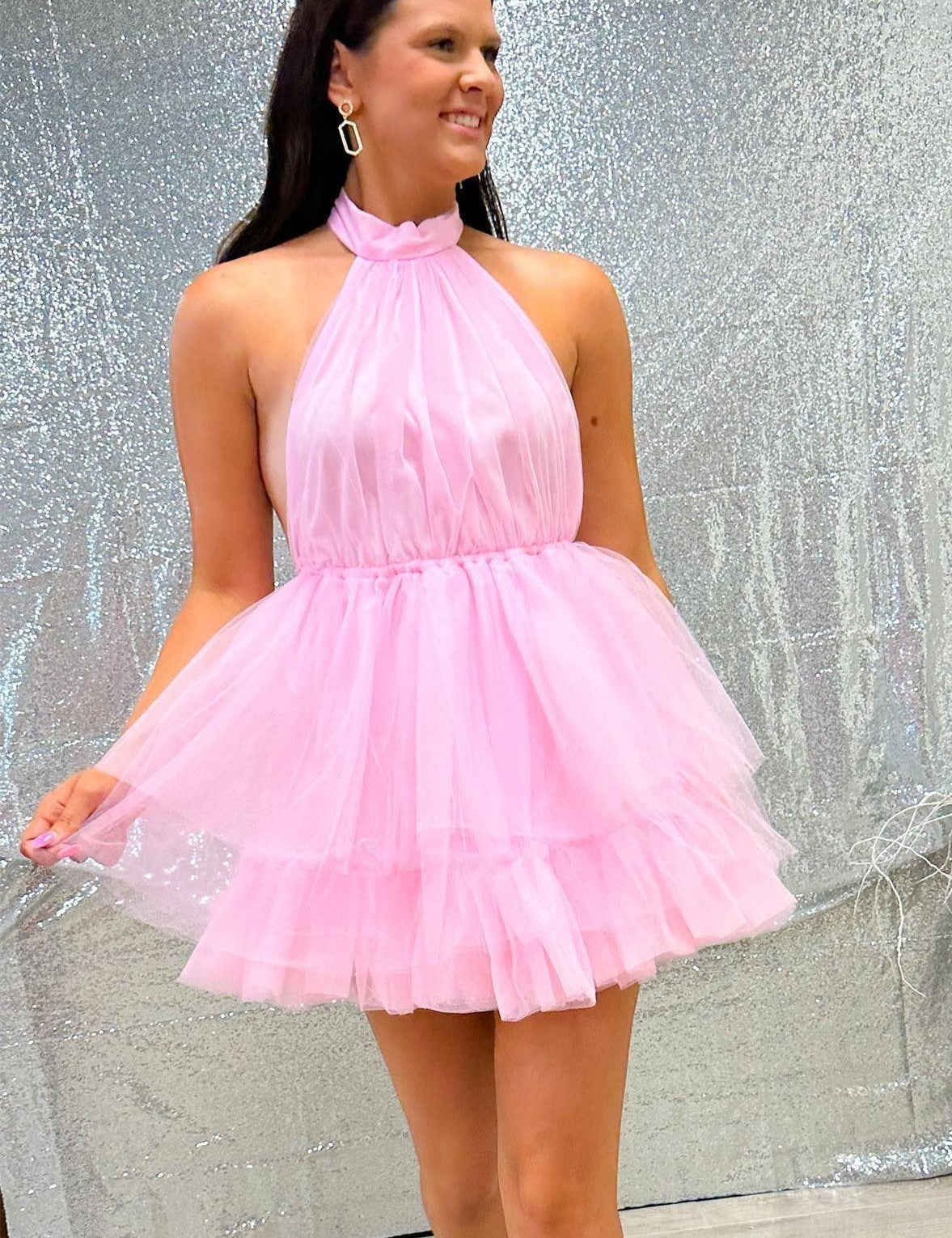 Pink Tulle Halter Short Homecoming Dress with Ruffles