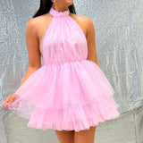 Pink Tulle Halter Short Homecoming Dress with Ruffles