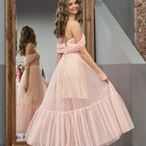 Nova | A-Line Rose Pink Tulle Sweetheart Tea-Length Prom Dress