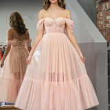 Nova | A-Line Rose Pink Tulle Sweetheart Tea-Length Prom Dress