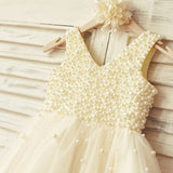 Princess V Neck Tulle Pearl Beaded Flower Girl Dress