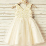 Princess V Neck Tulle Pearl Beaded Flower Girl Dress