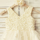 Princess V Neck Tulle Pearl Beaded Flower Girl Dress