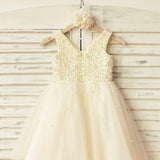 Princess V Neck Tulle Pearl Beaded Flower Girl Dress