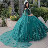 Dark Green Organza Off-the-Shoulder Ball Gown Quinceanera Dress