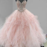 Prom Ball Gown See Through Neck Tulle Light Pink Quinceanera Dresses