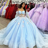 Puffy Blue Organza Ball Gown Beaded Off-the-Shoulder Quinceanera Dress