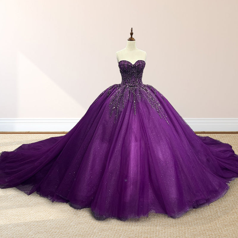 Purple Organza A Line Ball Gown Sweetheart Quinceanera Dresses