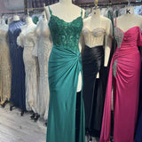 Rafenild | Green V Neck Beading Satin Long Slit Prom Dresses