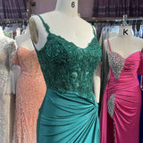 Rafenild | Green V Neck Beading Satin Long Slit Prom Dresses