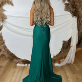 Rafenild | Green V Neck Beading Satin Long Slit Prom Dresses