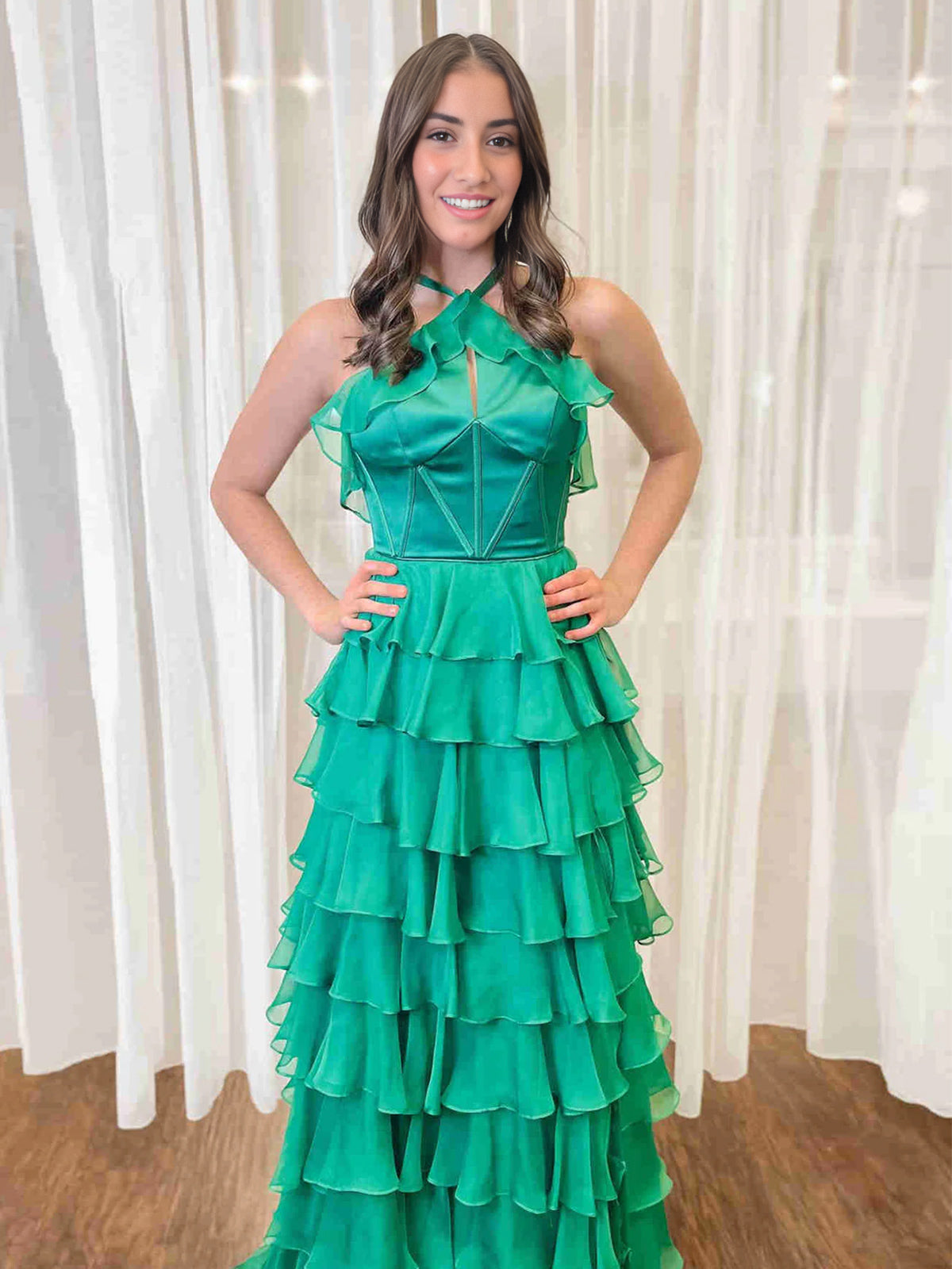 Halter Keyhole Ruffle Tiered Prom Dress with Slit