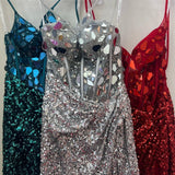 Red Mirror-Cut Sequins Halter Sheath V Neck Homecoming Dress