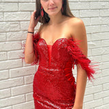 Red Plunging Off-the-Shoulder Sequins Homecoming Dress with Feathers