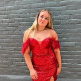 Red Plunging Off-the-Shoulder Sequins Homecoming Dress with Feathers