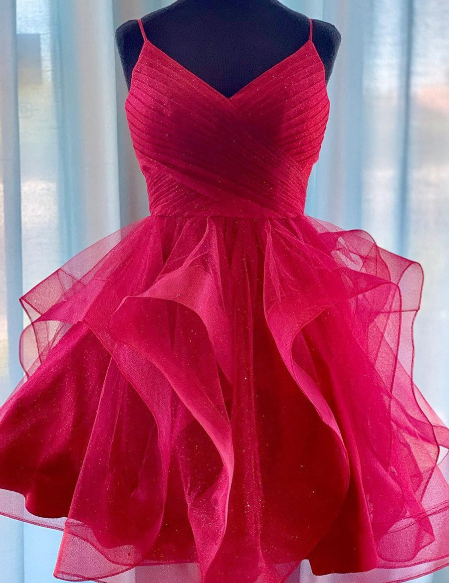 Red Ruffled Tulle Short Homecoming Dress