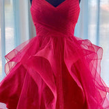 Red Ruffled Tulle Short Homecoming Dress