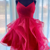 Red Ruffled Tulle Short Homecoming Dress