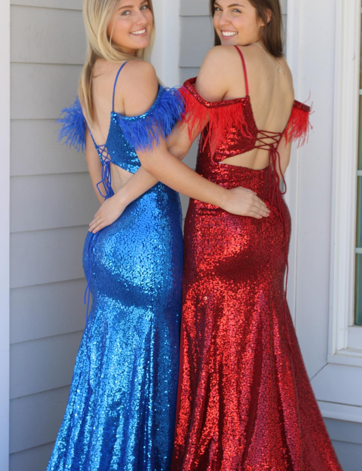 Red Sequins Cold Shoulder Feathers Long Prom Dress with Slit