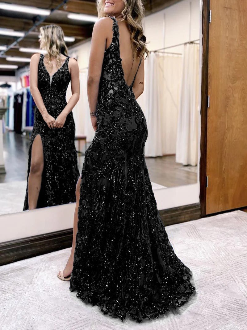 Avianna |Mermaid V Neck Sequined Lace Prom Dress with Slit