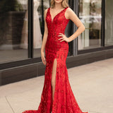 Avianna |Mermaid V Neck Sequined Lace Prom Dress with Slit