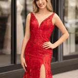 Avianna |Mermaid V Neck Sequined Lace Prom Dress with Slit