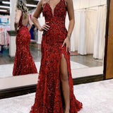 Avianna |Mermaid V Neck Sequined Lace Prom Dress with Slit