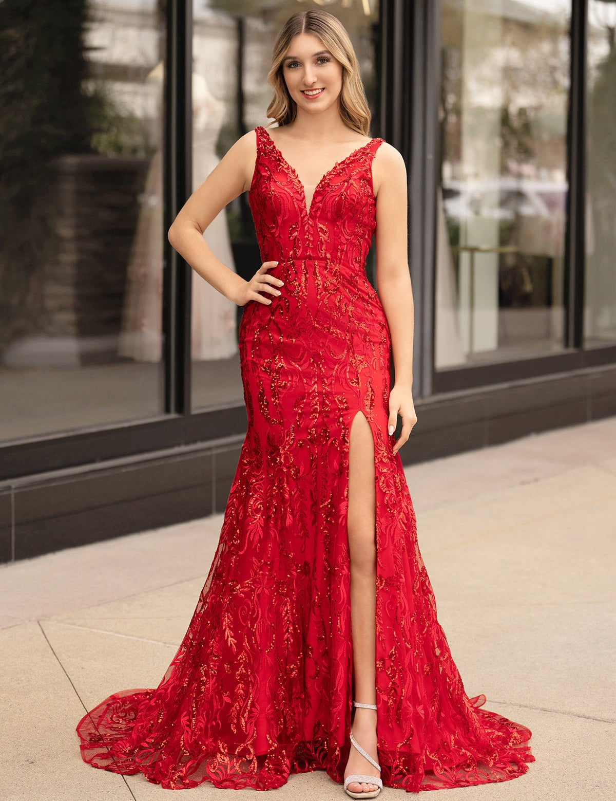 Avianna |Mermaid V Neck Sequined Lace Prom Dress with Slit