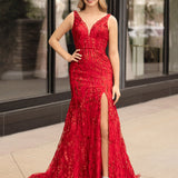 Avianna |Mermaid V Neck Sequined Lace Prom Dress with Slit