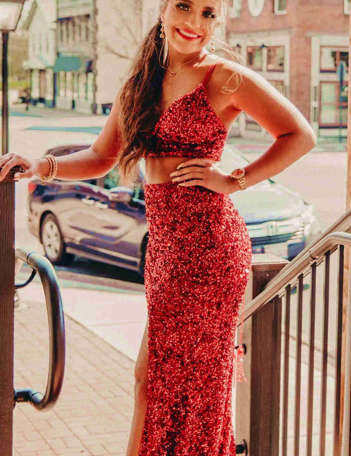 Briana |Two Piece Mermaid Sequins Prom Dress with Slit