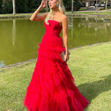 Matilda |Red A-Line Strapless Ruffled Tulle Evening Dress