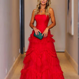 Matilda |Red A-Line Strapless Ruffled Tulle Evening Dress