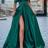 Marina| A-Line Prom Dresses Celebrity Style Dress Christmas Floor Length Short Sleeve V Neck Satin with Slit