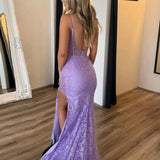 Rodney | Lilac V Neck Lace Mermaid Long Prom Dress With Appliques