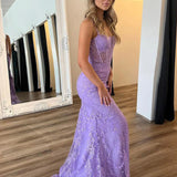 Rodney | Lilac V Neck Lace Mermaid Long Prom Dress With Appliques